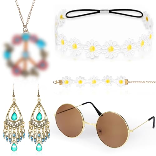 KDISHKRA Conjunto de disfarce hippie de 5 peças, acessórios retro estilo anos 60 e 70, acessórios de disfarce hippie - diadema de margaridas, óculos hippie, colar com sinal de paz, brincos e pulseiras
