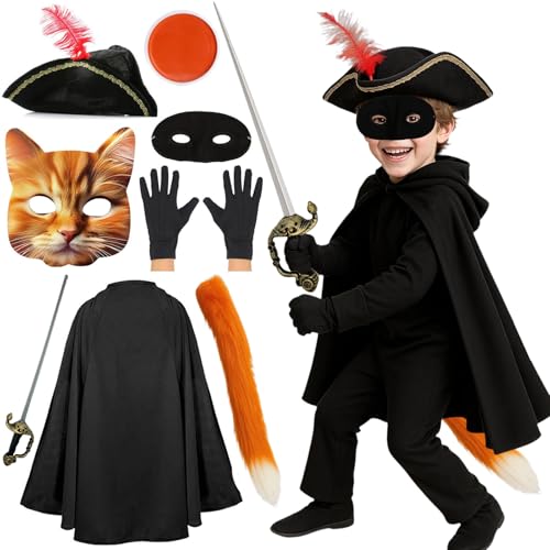 SGFNXB Cat Costumes for Kids 8 PCS Animal Costume Set Includes Cape Tricorn Hat Cat Mask Eye Mask Accessaories Tail Gloves Orange Facepaint Halloween Costumes for Halloween Carnival Cosplay for 14+
