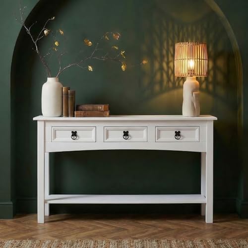 IDIMEX Console Rural Meuble Style Mexicain avec 3 Tiroirs et 1 Étagère, Table Console Blanche Fabriquée en Pin Massif, Poignées en Métal, Finition...