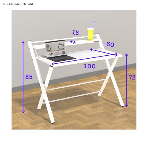 Image of InnoFur Meleti Folding,Multi Purpose, Study, Adjustable Portable, Work from Home, Laptop, Computer, Writing, Dining, Utility Table with Bookshelf (Large, White 100CM x 73CM x 85CM)