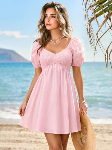 Image of Womens Babydoll Dress 2026 Summer Casual Puff Sleeve V Neck Cute Boho Smocked Flowy Short Sundress Beach Mini Dresses