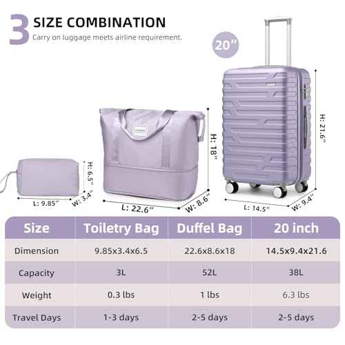 LARVENDER Luggage Sets 3 Piece, Hardside 20 Inch Carry on Luggage Airline Approved Suitcase Set with Spinner Wheels TSA Lock, Lightweight Rolling Suitcase for Men and Women, Lavender