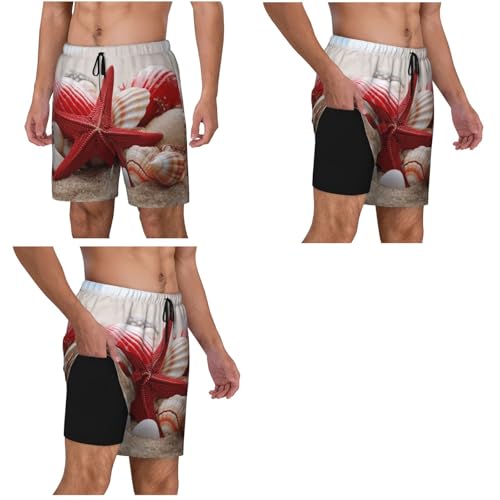 Men's Swim Trunks Quick Dry Board Shorts Red Starfish Seashells Beach Shorts with Pocket Bathing Suits for Men 7