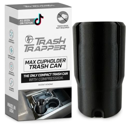 Image of Trash Trapper Car Trash Can Cup Holder | Max Car Trash Can | Fits in Most Cupholders | 5.6 inch x 3.5 inch | Traps More & Empties Less, Patent-Pending Compaction, Holds Many Weeks Small Garbage, Black /Grey