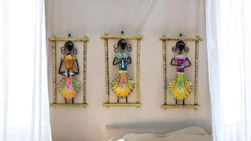 Image of SHREE 'O' GREEN TECH - Multicolor Metal Iron Musician Wall Hanging Showpiece Frame Handcrafted Rajasthani Lady Figurine Decorative Wall Mount Art for Home, Living Room Office Decor