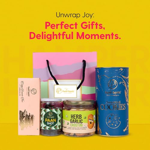 Image of The Flavour Republic Premium Diwali Celebration Snack Hamper | Bhai Dooj Gift Box with Assorted Cookies, Herb Garlic Crostini, Brownie Thins & Mukhwas Paan Shots | Healthy Gourmet Snacks for Birthdays, Anniversaries, Corporate & Family Gifting