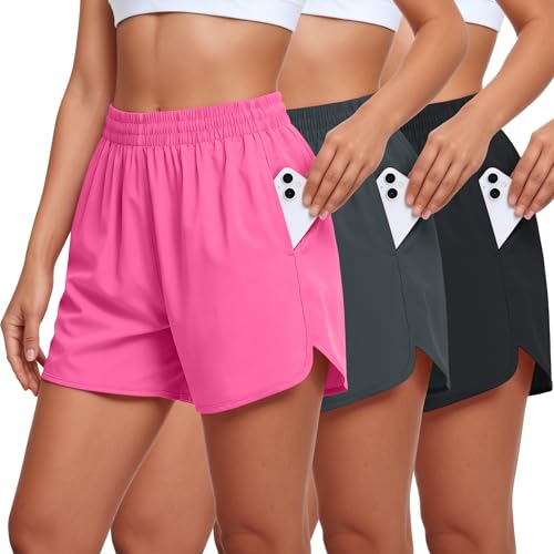 HOPLYNN 3 Pack Womens 5 Athletic Running Shorts Quick Dry Workout Short with Pocket Lightweight Gym Shorts for Women 1 Black 1 Gray 1 Rose Pink Large