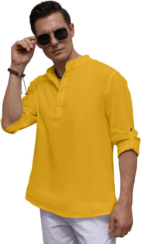 Image of ROYALSCOUT Men's Cotton Blend Casual Short Kurta Shirt with Notch Neck and Button Detail | Full Sleeve Straight Fit Lightweight Ethnic Top for Summer