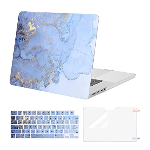 MOSISO Compatible with MacBook Pro 16 inch Case 2023 2022 2021 Release M2 A2780 A2485 M1 Pro/Max Chip with Touch ID, Plastic Watercolor Marble Hard Shell&Keyboard Cover&Screen Protector, Blue