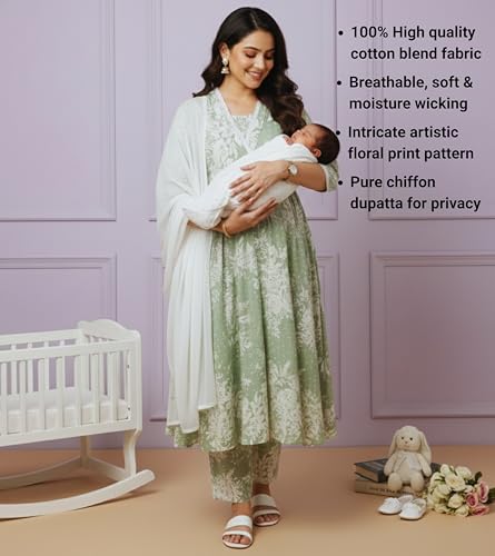 Image of DUMMY SHAPE Maternity Dresses for Women Cotton | Floral Kurta Pant Dupatta Set with Nursing Zippers, Side Pocket | Pre & Post Pregnancy | Feeding Kurti Suit | Baby Shower | Gifts for Pregnant Woman