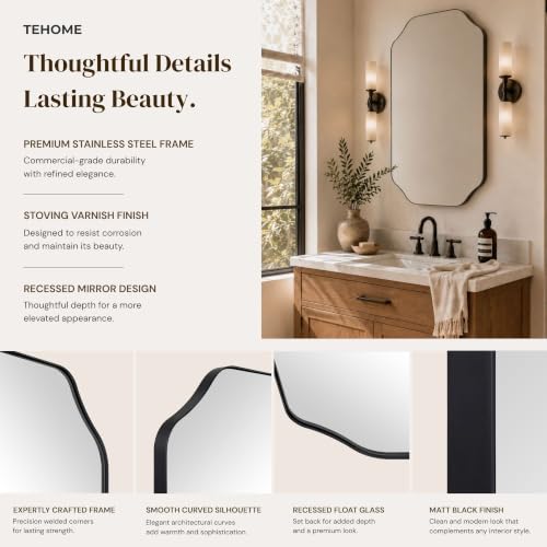 Image of TEHOME 24x40'' Scalloped Black Bathroom Vanity Mirror, Matt Black Rectangle Metal Framed Bathroom Mirror