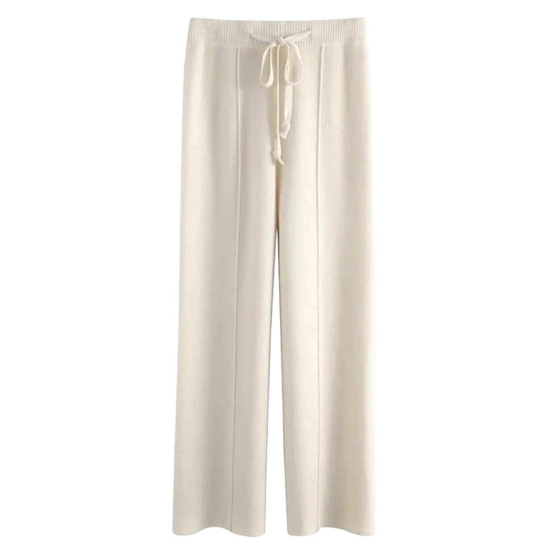 Womens Winter Knitted Wide Leg Soft High Waist Floor-Length Trousers Pants Off-White Medium
