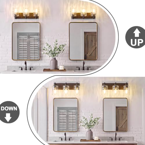 Image of 3-Light Bathroom Light Fixtures Modern ORB Vanity Lights | Easy to Install Clear Hammered Glass Shades, Rippled Glow, Wall Mount Up or Down, E26 Socket, Hardwired, 120V