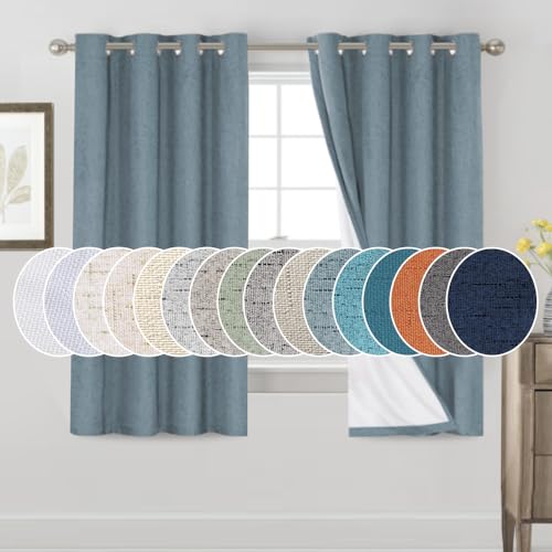 Image of PrinceDeco Blackout Curtains 63 Inch Length Stone Blue Short Blackout Curtains for Bedroom Living Room Anti-Rust Grommet Thermal Insulated with White Liner, 52 inch W x 63 inch L, 2 Panels Set