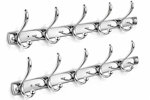 Image of Exclusive Extra Long 40 cm Chrome Finished 6 Pin Metal Bathroom Cloth Hooks Hanger Door Wall Robe Hooks Rail for Hanging Keys,Clothes,Towel (2, Chrome)