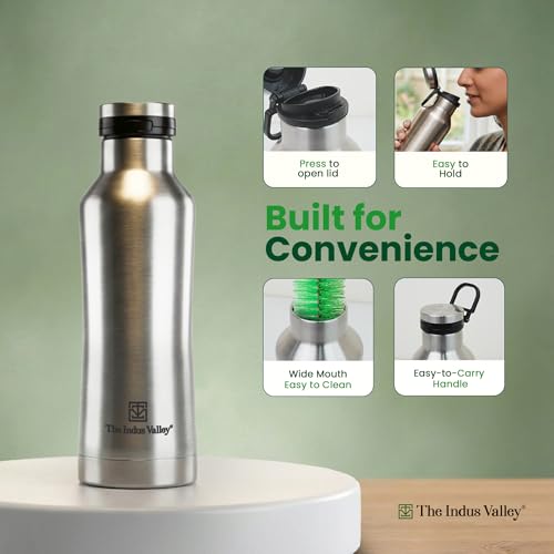 Image of The Indus Valley 500 ml Stainless Steel Vacuum Insulated Water Bottle with Pressy Flip Lid - Double Wall, Keeps Drinks Hot & Cold, Leak-Proof, Rust-Proof for School, Office & Gym