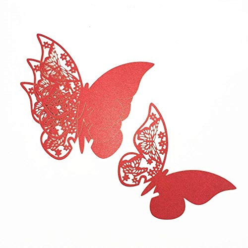 ElecMotive Lot de 100 Papillons 3D Carte de Verre Marque Place Forme de Papillon Ajouré Décoration de Table pour Fêtes Mariage (Rouge)
