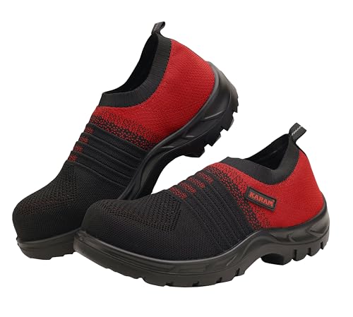 Image of KARAM Flytex FS202 Safety Shoes for Men | Sporty Design, Lightweight with Single Density | Antistatic, Antislip, Oil & Heat Resistant with Fiber Toe | Red & Black | Size-07