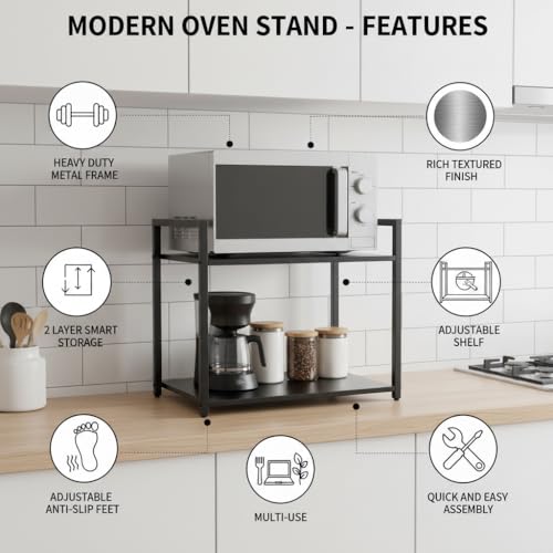 Image of RIZIK STORE Metal Adjustable Microwave Oven Stand for Kitchen Platform | 2-Tier Microwave & OTG Oven Stand with 8 Hooks | Heavy Duty Organizer Rack | Powder Coated (Textured Black)