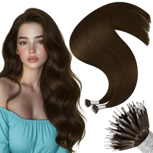 Image of Moresoo Nano Bead Hair Extensions Human Hair, Medium Brown, 14 Inch | 50g 50 Strands, Remy Hair, Lightweight Nano Beads, Natural Looking Fullness for Medium Brown Hair and Daily Wear