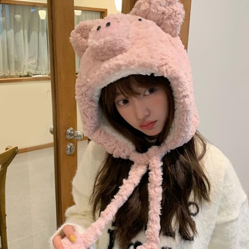 Plush Piggy Hat Soft Warm with Ear Flaps Fleece Lining Thermal Winter Hat for Adults and Teens3