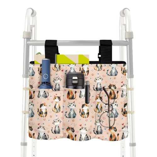LedBack Basket for Walkers for Seniors Detachable Walker Accessories Daisy Cat Pattern Durable Organizer Pouch Large Capacity Storage Bags with Fixed Ropes