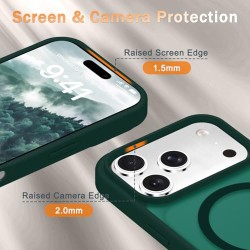Image of YENAPOON for iPhone 17 Pro Max Case, Matte Magnetic Phone Cover [with 1 Screen Protector] [Support for MagSafe] [Shockproof Military Grade Protection] Translucent Frosted Back, Dark Green