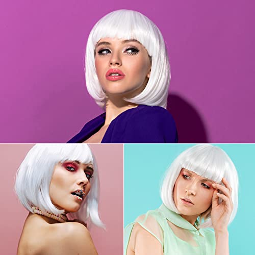 Image of PLULON White Bob Wig and Sunglass Set, Neon Short Bob Wig Sunglass Pack Costume Colorful Cosplay Wig Hairpieces for Bachelorette Neon Party Favors, Halloween Decorations (Pack of 3)