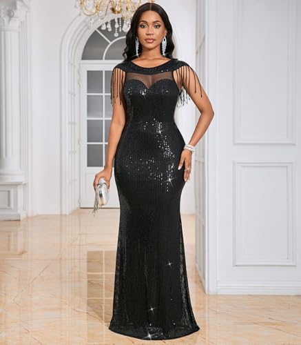 Image of Cololura Women Sexy Sequin Mesh Perspective Bodycon Party Cocktail Evening Gown Maxi Dress