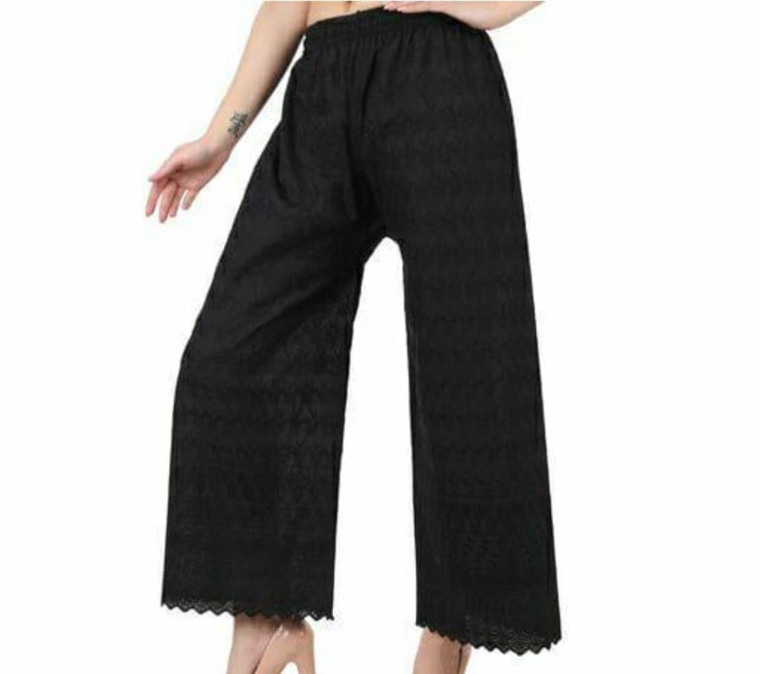 Chikankari Hand Embroidered Palazzo Pants Wide Leg Salwar for Women | Free Size (Black)-image-31