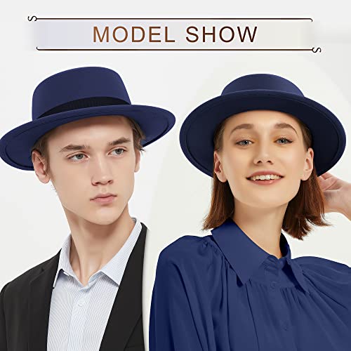 Image of Classic Fedora Hat Flat Top Hat Felt Pork Pie Hat Wide Brim Church Derby Cap for Women and Men