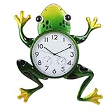 HOBYLUBY Große Außenuhr, Frosch Outdoor Wanduhr mit Thermometer & Luftfeuchtigkeit, lautlos, nicht tickende Außenuhr für Terrasse, Wohnzimmer, Küche