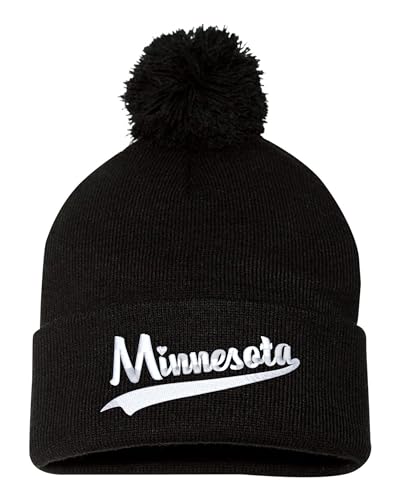 Go All Out One Size Black Pom State of Minnesota Script Embroidered Knit Beanie Pom Cap