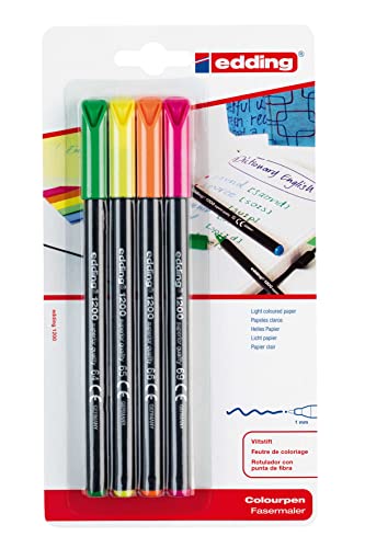 Edding - Blister 4 Unidades 1200 Neon En Oferta Edding 1200 Rotulador De Color De Trazo Fino - Negro, Rojo, Azul, Verde - 4 Rotuladores - Punta Redonda De 1 Mm - Marcador Dibujar Y Escribir