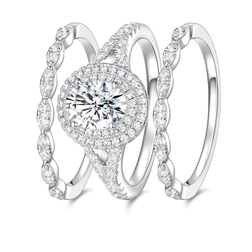 MDFUN 18K White Gold Plated Promise Ring for Women Cubic Zirconia Stackable Ring Set Three-in-One Oval Halo Wedding Engagement Promise Eternity Band