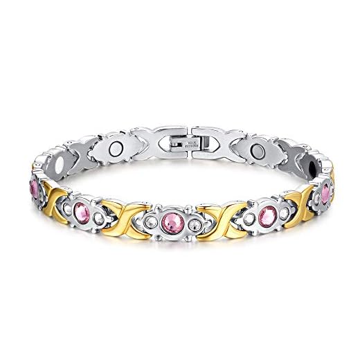 Titanium Stainless Steel Magnetic Bracelet Link Stylish Women's Bracelets with Rhinestone,2 Colors to Choose (Silver+Gold)