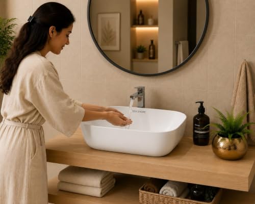 Image of SEA SHORE Modern Table Top Wash Basin, Ceramic Glossy White Vessel Sink for Bathroom, Vanity & Dining Hall, Designer Countertop Basin, 33 x 46 x 16 cm