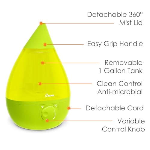 Image of Crane Ultrasonic Cool Mist Humidifier for Bedroom, Baby Nursery, Kids Room, Plants, or Office, Large 1 Gallon Tank, Filter Optional, Green