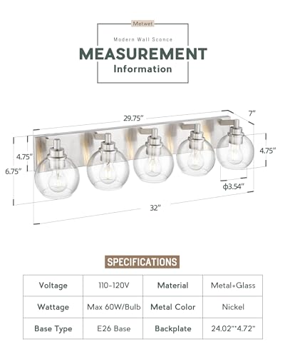 Image of Bathroom Light Fixtures, 5 Light Brushed Nickel Vanity Light, 32 Inch Modern Wall Sconces with Globe Clear Glass Shade, Vanity Lighting Fixtures Over Mirror, VL195-BN-CL-5