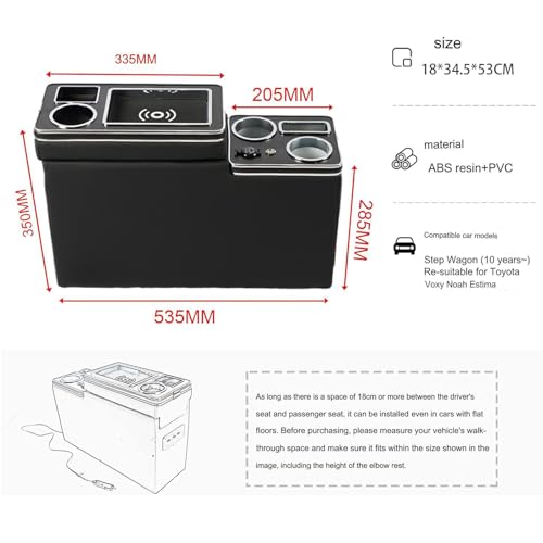 QSULNN Upgrade Mittelkonsole mit Ablagen Staufach Kompatibel mit VW T4 T5 T6 T6.1 T7 Alle Modelle ab 2003-2019, Schwarz Leder Zubehör mit Kabellosem Induktivem Laden, USB- und LED-Leuchten