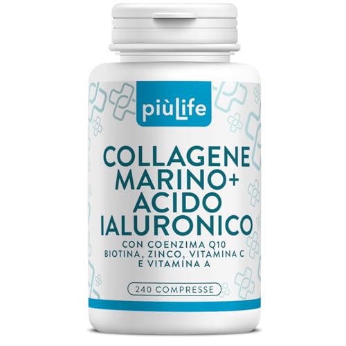 Collagene Marino con Acido Ialuronico PiùLife – 2000 mg Collagene Idrolizzato Puro con Q10 e Antiossidanti – Integratore Pelle, Viso, Capelli per Idratazione ed Elasticità profonda – 240 compresse