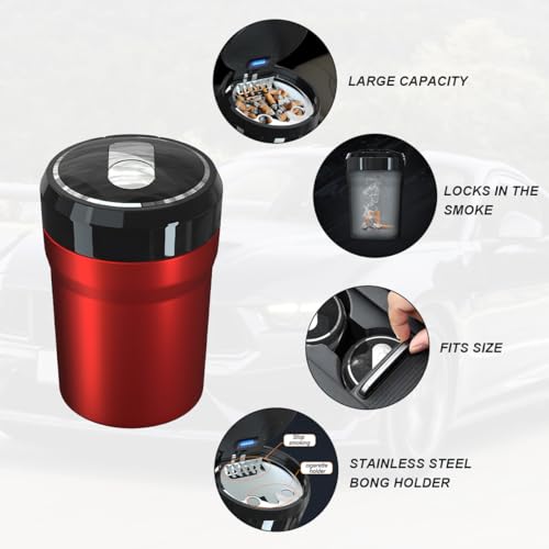 Image of DXNQ Car Ashtray with Lid, Easy Clean Up Detachable Smokeless Ashtray with LED Blue Light, Portable Mini Ash Tray Cup Holder for Car Home Office Travel, Interior Auto Accessories (Red, Larger)