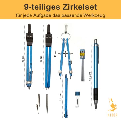 Premium Zirkelset von NIBOR in schönen Farben | Langlebiges, 9-teiliges Geometrieset | Geeignet um Präzision zu erschaffen | Blau