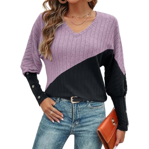 Women's Colorblock Drop Shoulder V Neck Sweater, Casual Basic Loose Long Sleeve Batwing Sleeve Knitwear Tops
