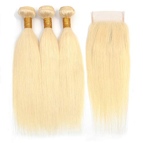 JGMI 613 Platinum Blonde Human Hair Bundles with Closure Brazilian Virgin Straight Hair Bundles with Swiss Lace Closure (12"14"16"+10", bundles with closure)