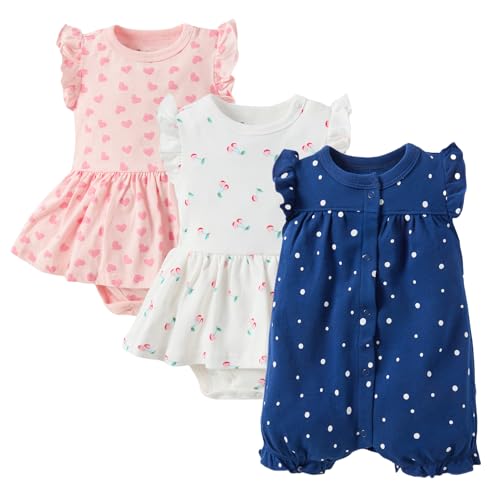 3-pack 100% Cotton Baby Girl Rompers, 0-24 months Ruffle Sleeve Toddler Romper Summer Clothes Set