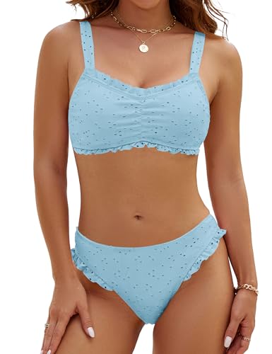 Image of Blooming Jelly Womens Bikini Set Two Piece Ruffle Bandeau Bathing Suits Cheeky High Cut Cute Eyelet Swimsuit
