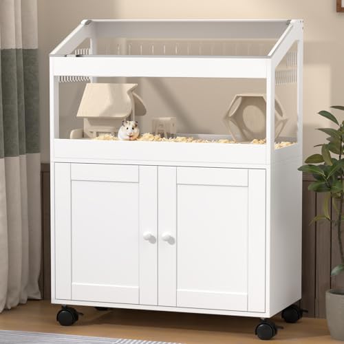 Hamster Cage with Storage Cabinet – Glass Hamster Cage & Acrylic Panels, Big Enclosure for Syrian...