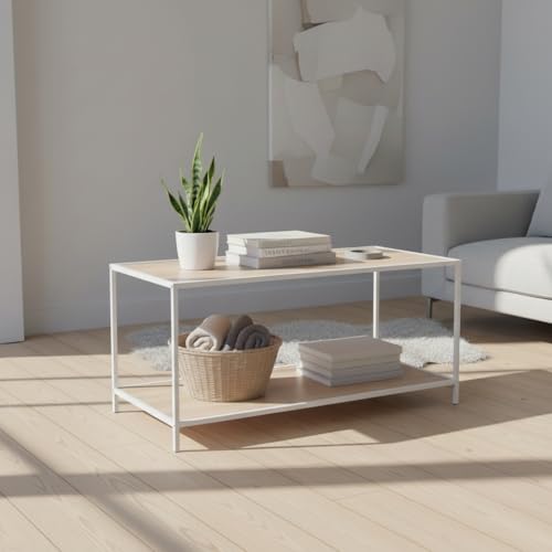 INDE MOBLEKIT | Mueble Auxiliar Bajo con 2 Niveles 78x38x38 cm, Estantería de Madera y Estructura Metálica Blanca, Acabado Mate para Salón, Recibidor o Dormitorio
