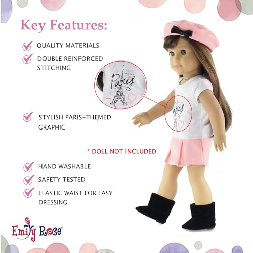 Emily Rose 18 Inch Doll Clothes 4-PC Pink Skirt Clothing Outfit, Including Matching Hat, T-Shirt Graphic Tee and Black Ankle Boots | Doll Not Included | USA Business - Thumbnail 4